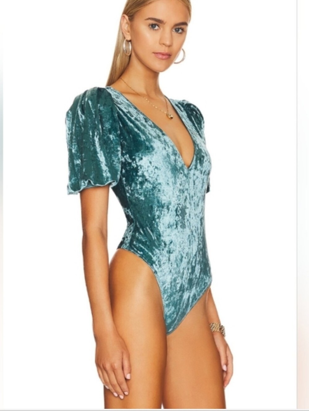 Free People Velvet Puff-Sleeve V-Neck Bodysuit Green Teal